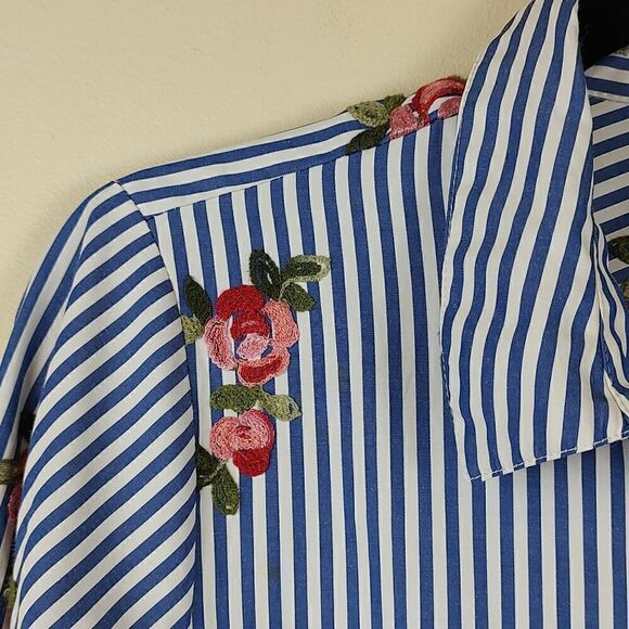 Boho Chic Striped Button Front 3/4 Sleeve Blouse Top with Floral Embroidery - Picture 3 of 10